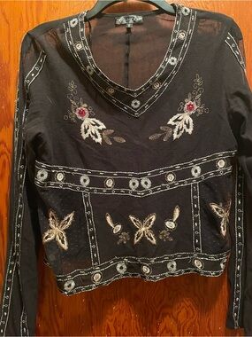 Sun n Moon Black Sheer V-Neck Long Sleeve Top with Embroidered Accents